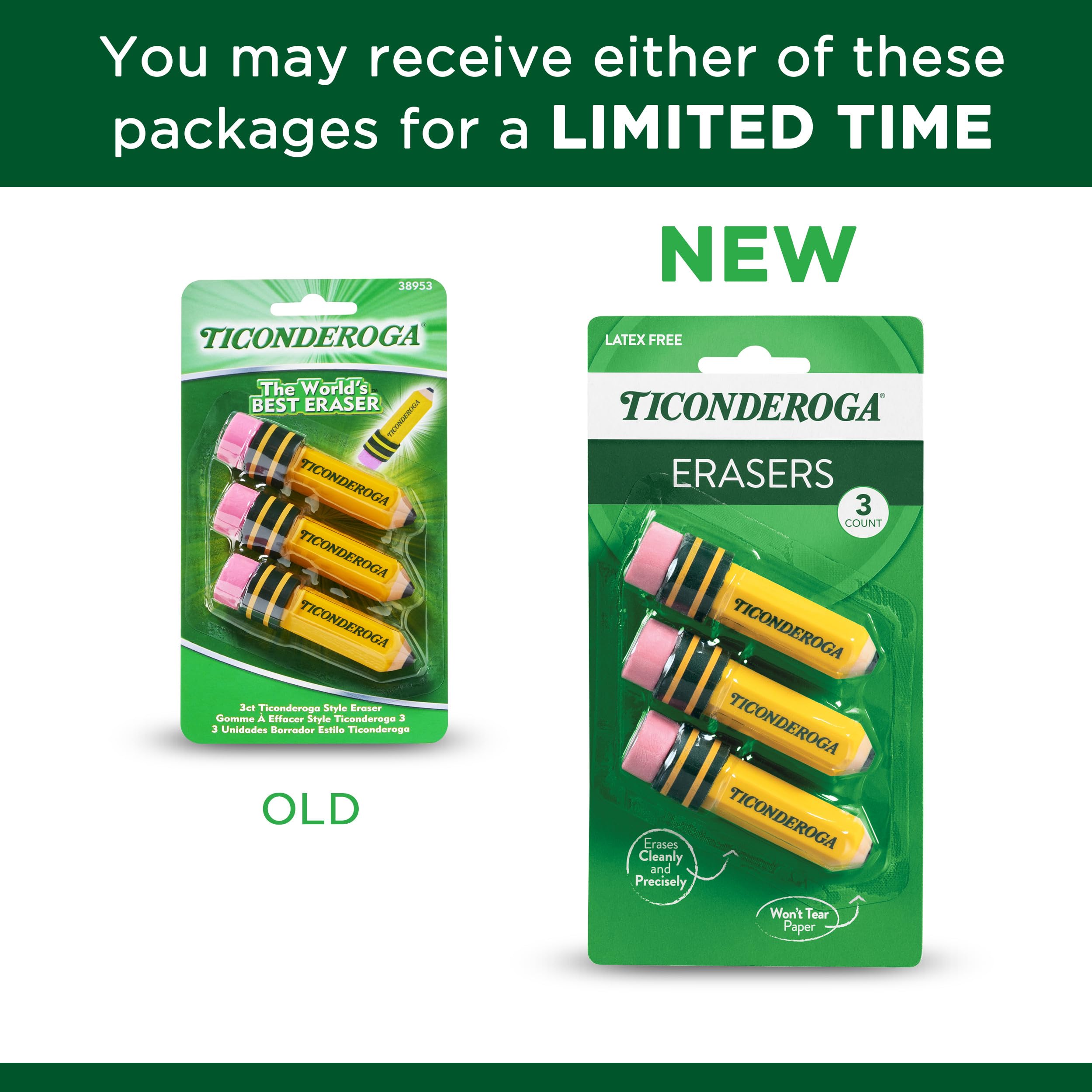 TICONDEROGA ® Erasers, Pencil Shaped, Yellow, 3 ct (38953) - Image 5