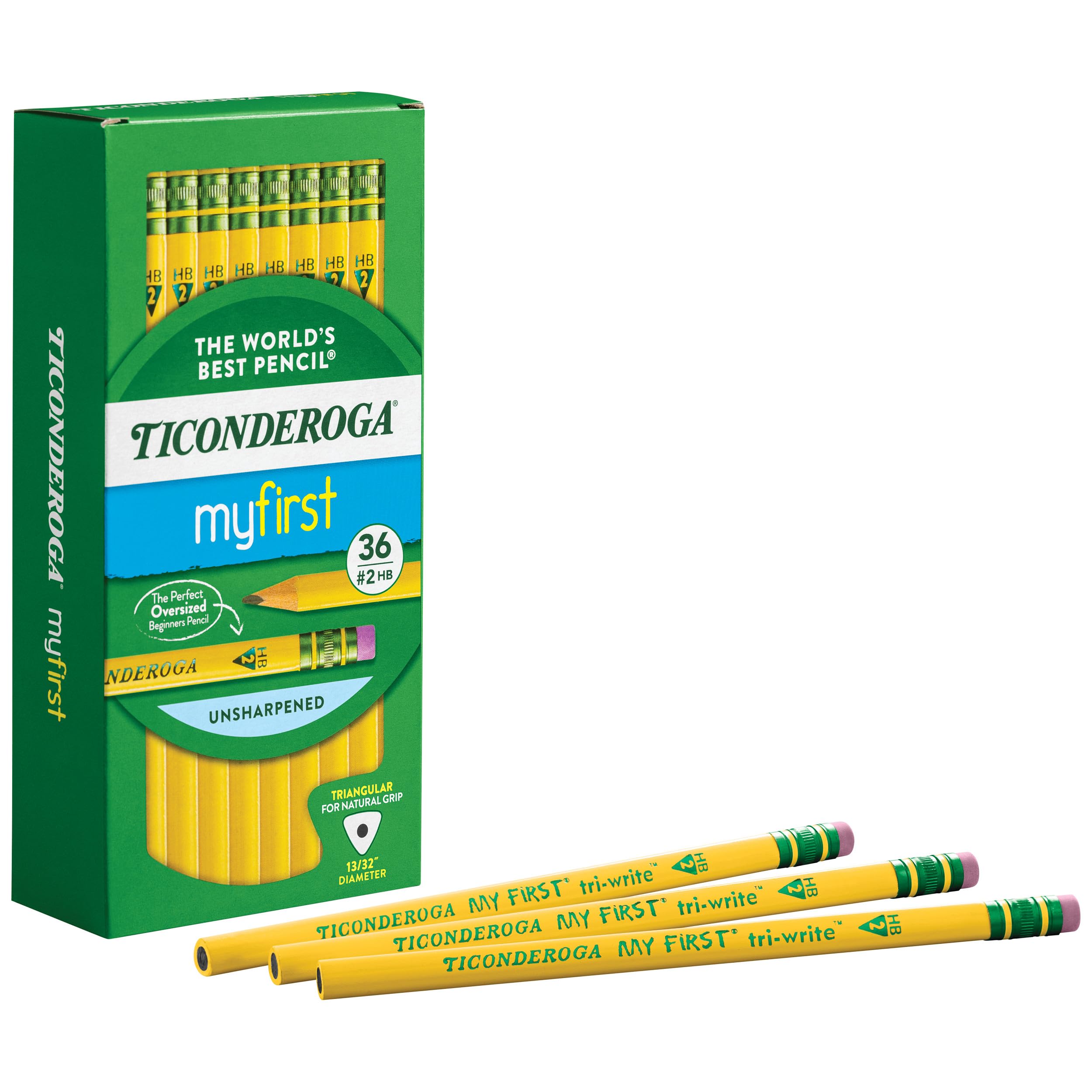Ticonderoga My First Tri-Write Wood-Cased Pencils, Unsharpened, 2 HB Soft, With Erasers, Yellow, 36 Count - Image 6